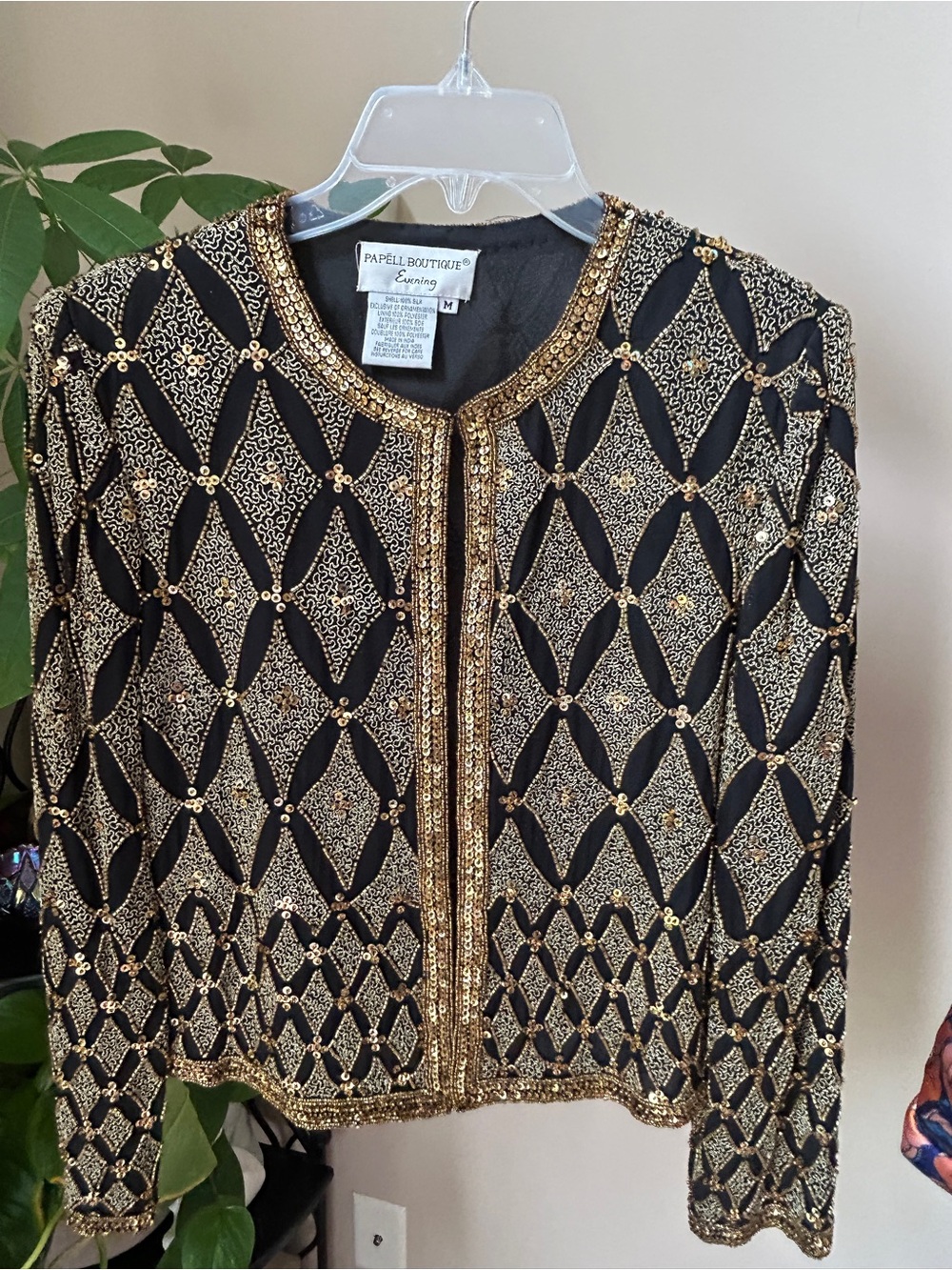 Vintage 100% Silk Black & gold sequin jacket with diamond pattern, size M